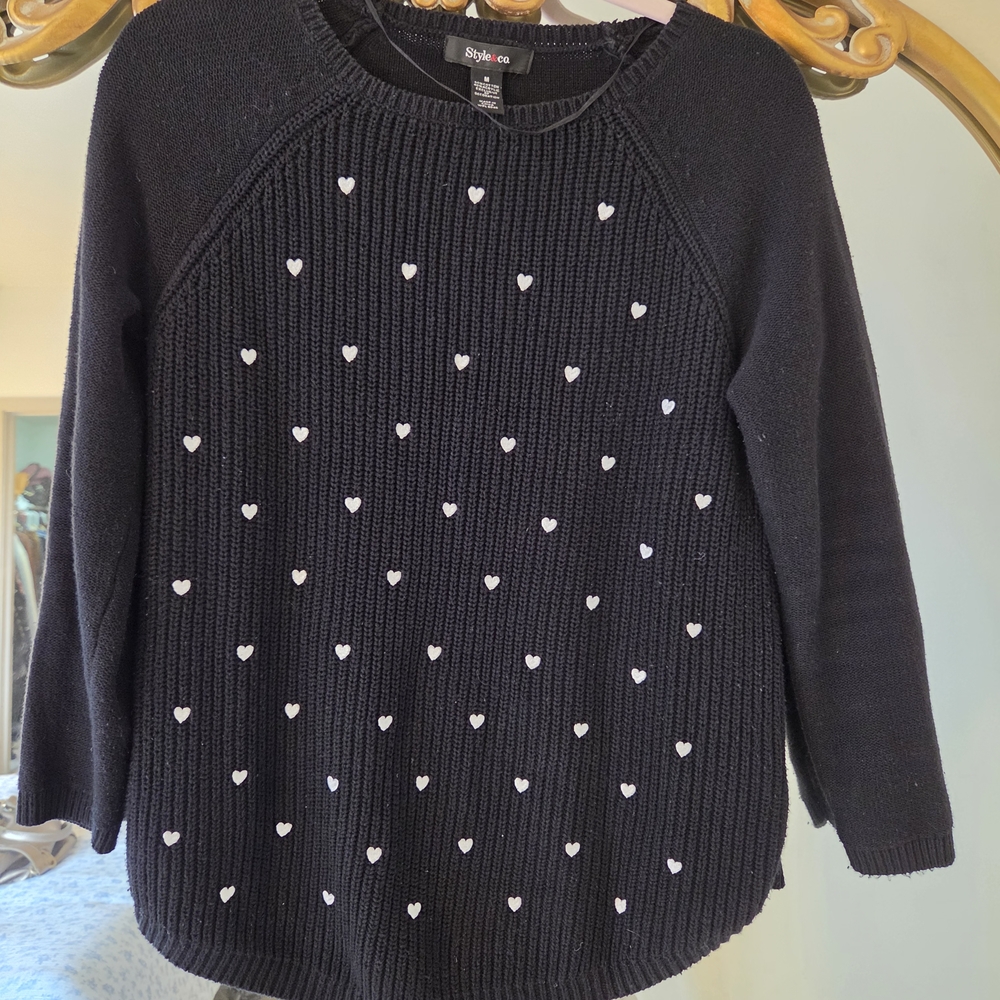 Style & Co. Women's Black Heart-Print Knit Sweater